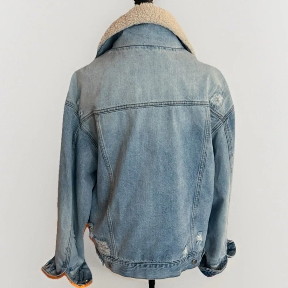 Free People Sherpa Denim Jacket Plaid Lined Distressed Boho Medium - Picture 4 of 10